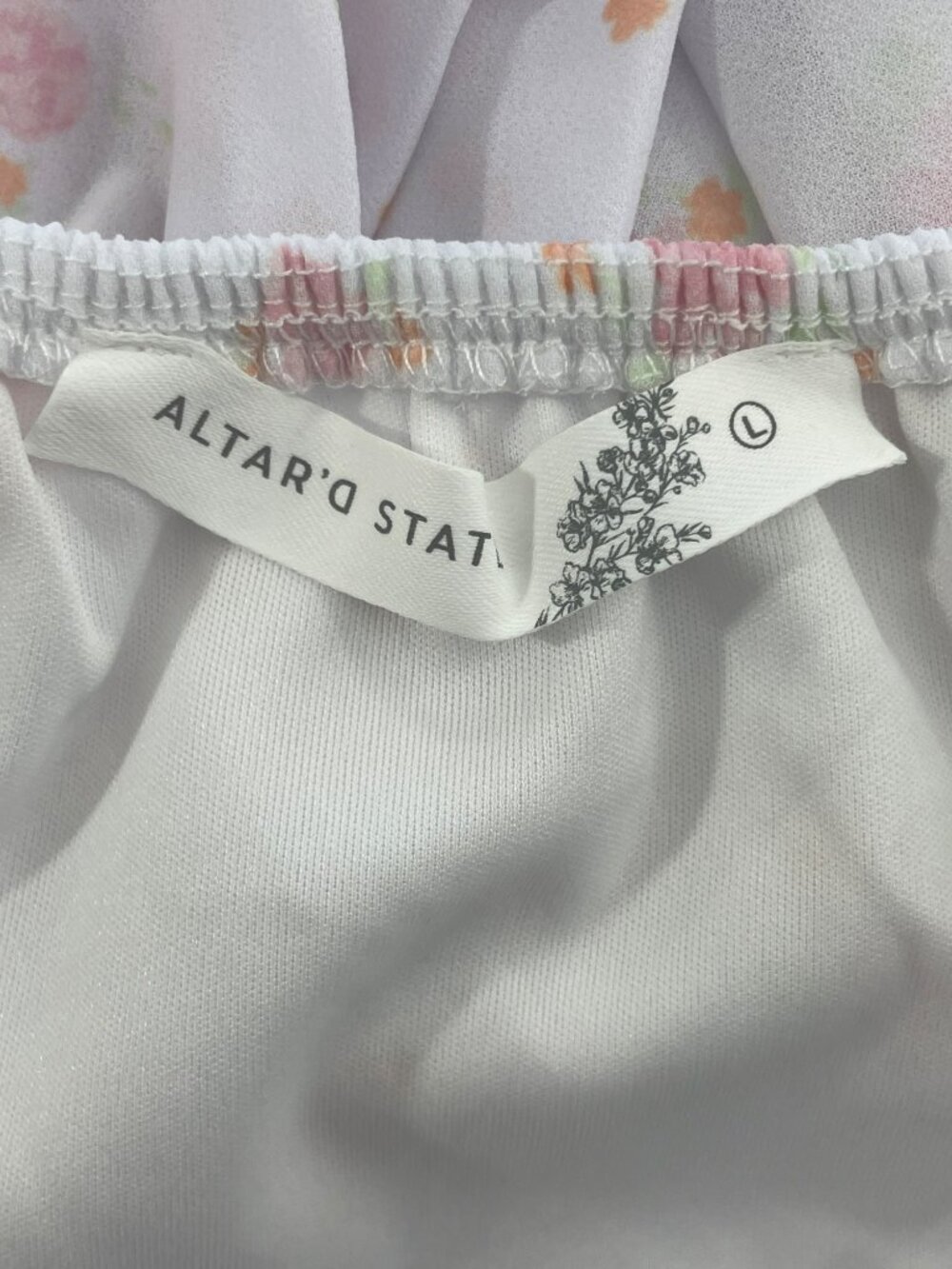Altar'd State Smocked Dress Floral Ivory & Pink Off-Shoulder Bow Detail Sz L NEW - Picture 8 of 9